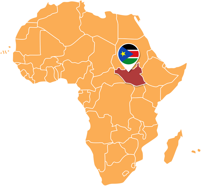 South Sudan map in Africa, Icons showing South Sudan location and flags.